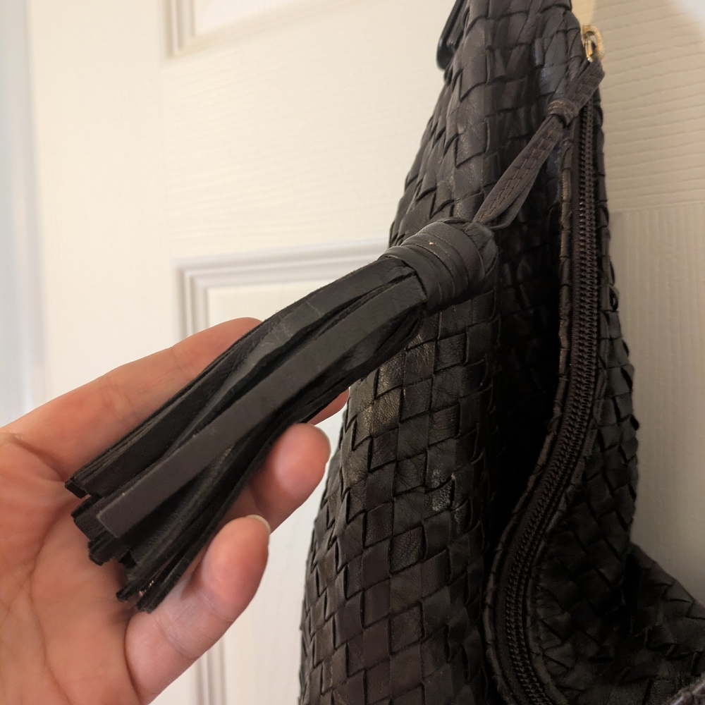 Genuine Leather Made In Italy Dark Brown (Almost Looks Black) Woven Hobo Bag - Picture 2 of 6